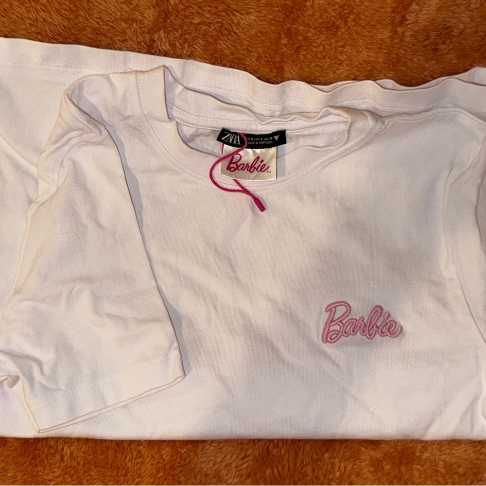 Zara x Barbie Collection White Tee with Pink Barbie Script